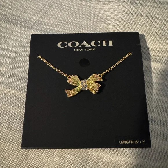 Coach Low Start 🔥 Pave Bow Necklace multicolored gold tone 16-22in New 🎀 - Picture 3 of 5